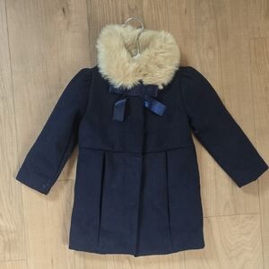 Janie and Jack Navy Pea Coat with Beige Faux Fur Collar